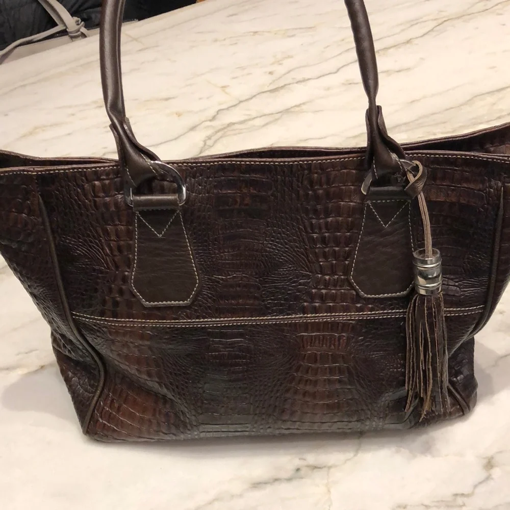 Arpiel genuine leather tote bag, croc texture brown